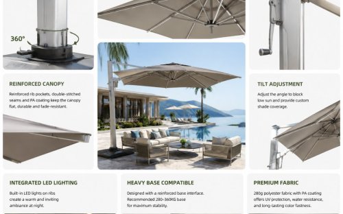 Square Cantilever Patio Umbrella 360° Swivel Aluminum Frame Commercial Parasol