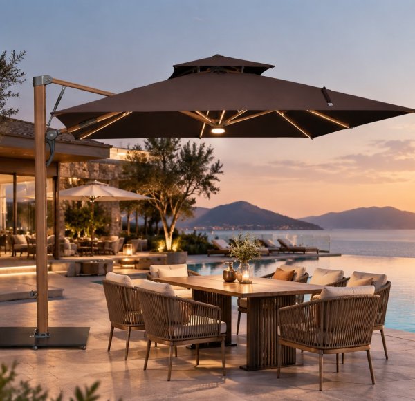 Hydraulic Cantilever Patio Umbrella 360° Swivel Wood-Grain Aluminum Athena