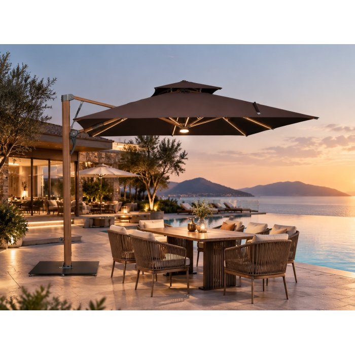 Hydraulic Cantilever Patio Umbrella 360° Swivel Wood-Grain Aluminum Athena