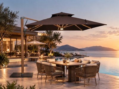 Hydraulic Cantilever Patio Umbrella 360° Swivel Wood-Grain Aluminum Athena