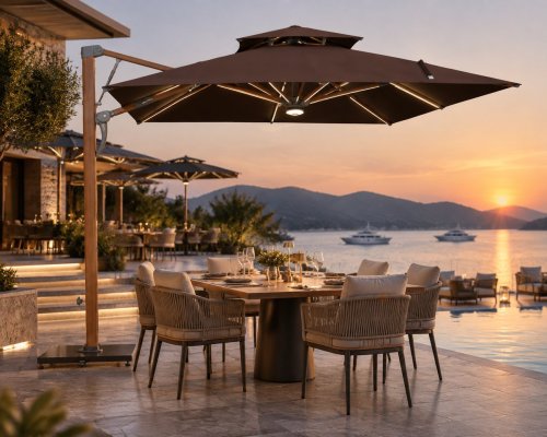 Hydraulic Cantilever Patio Umbrella 360° Swivel Wood-Grain Aluminum Athena