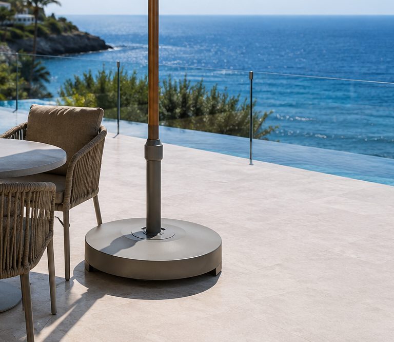 FHST064 base mounted under center pole umbrella on resort patio