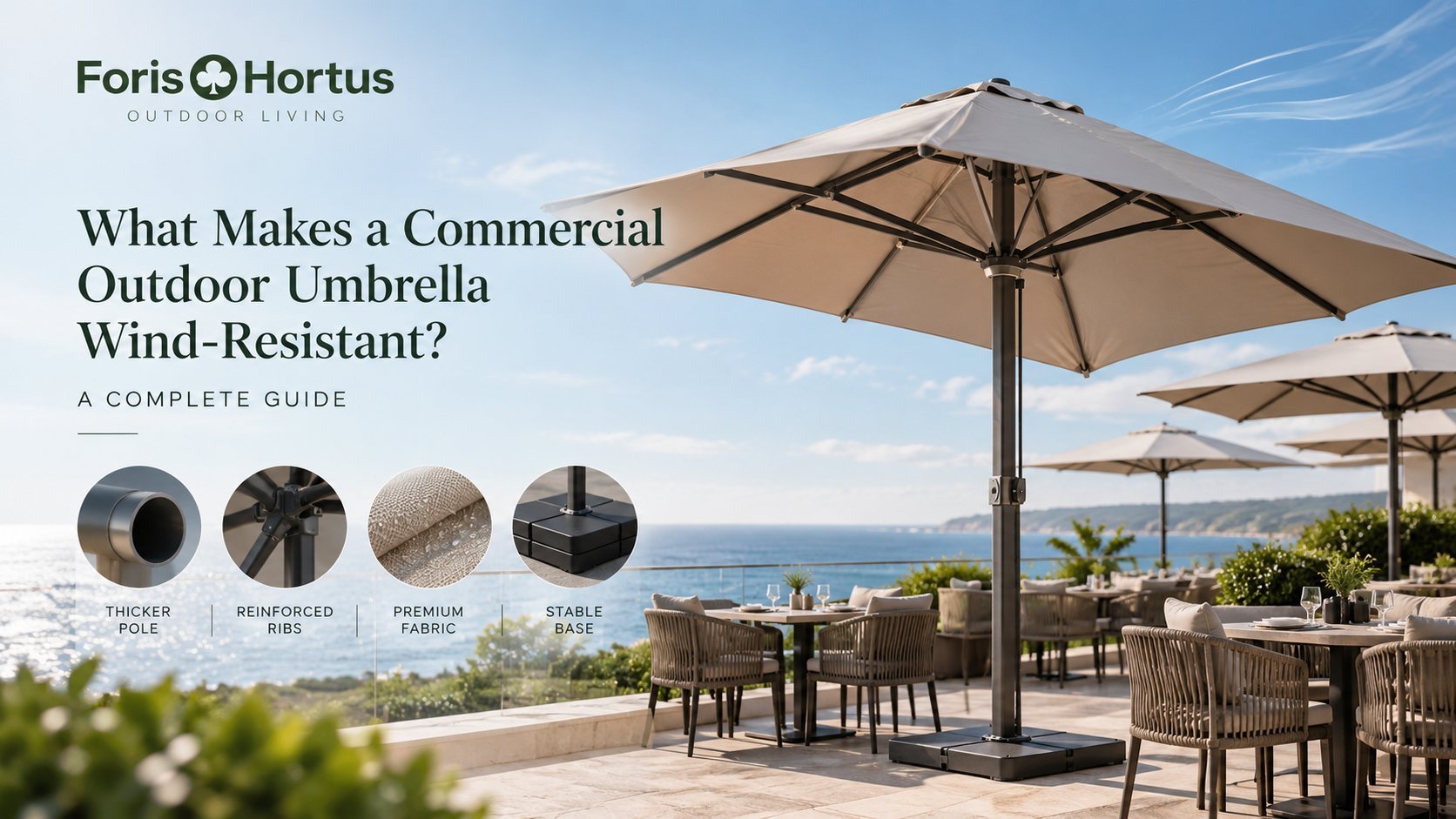 Commercial outdoor umbrella engineered for wind resistance by Foris Hortus
