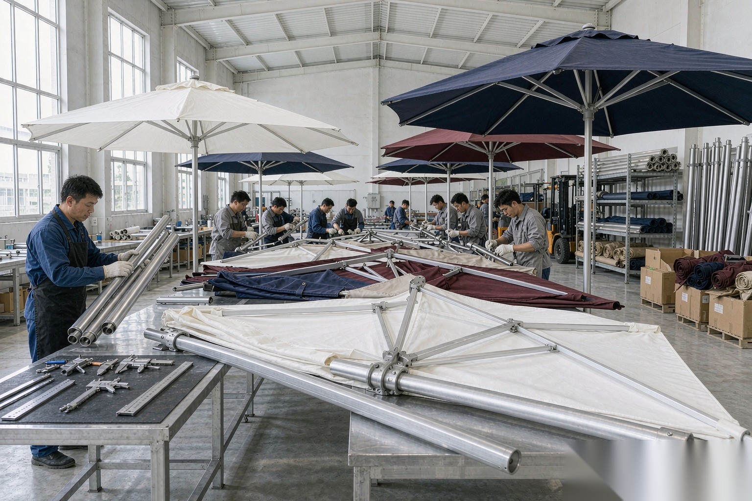 Foris Hortus workshop assembling and inspecting commercial umbrella frames