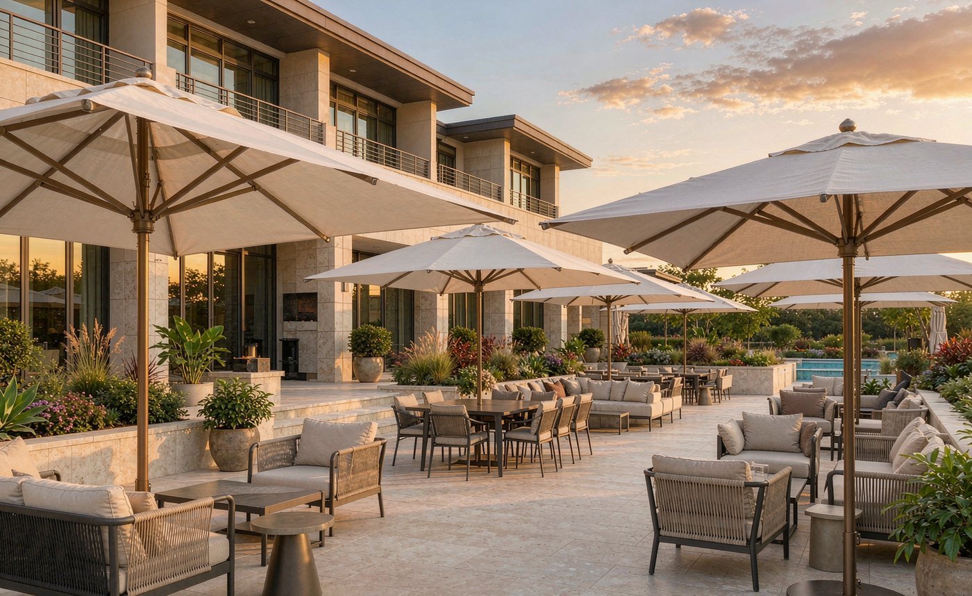 A premium commercial outdoor terrace with coordinated shade umbrellas and lounge furniture