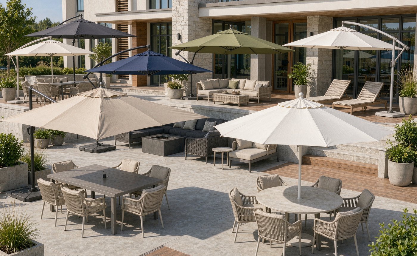 Multiple outdoor umbrella types shown together for product breadth