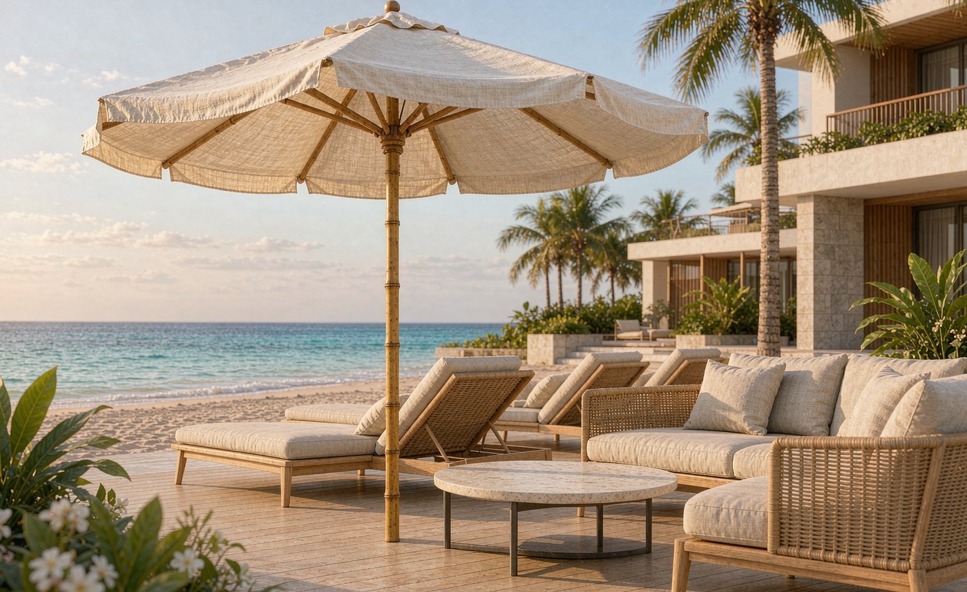 A bamboo outdoor umbrella in a natural resort setting