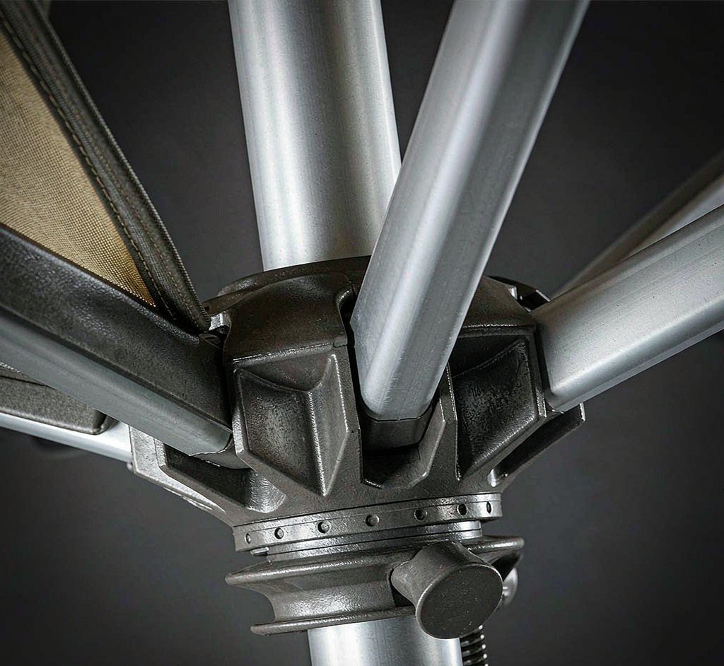Close-up of an umbrella pole, rib, hub and joint