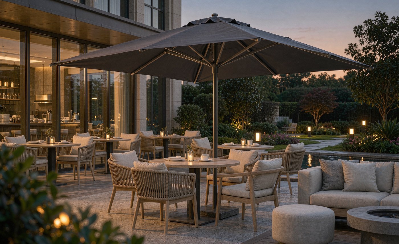 A Foris Hortus commercial umbrella with outdoor furniture in a restaurant and hotel environment