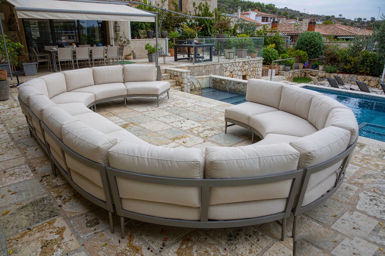 Curved modular outdoor sofa styled by a pool, showing the indoor-outdoor aesthetic convergence