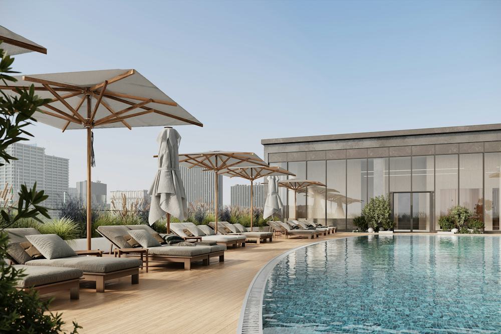 Modern rooftop pool deck with square wooden-frame umbrellas