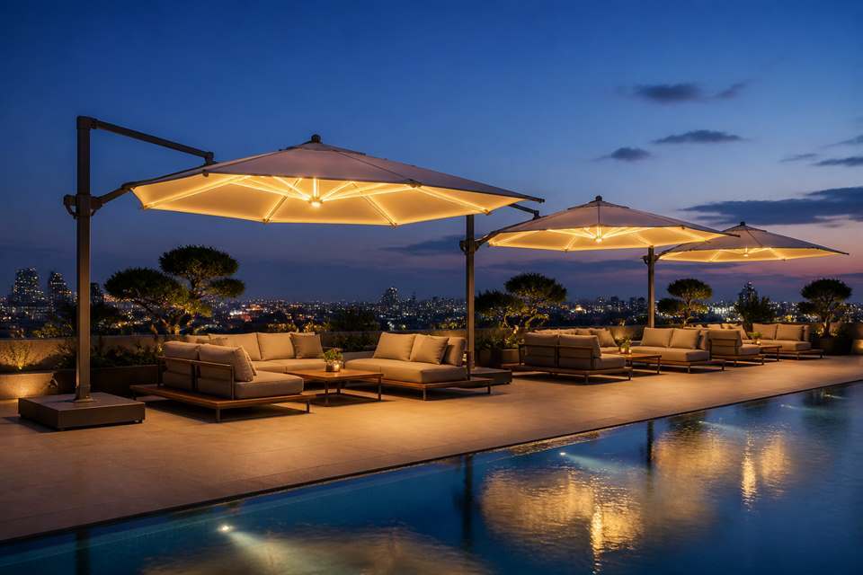 Cantilever umbrellas glowing from within over a rooftop lounge at blue hour