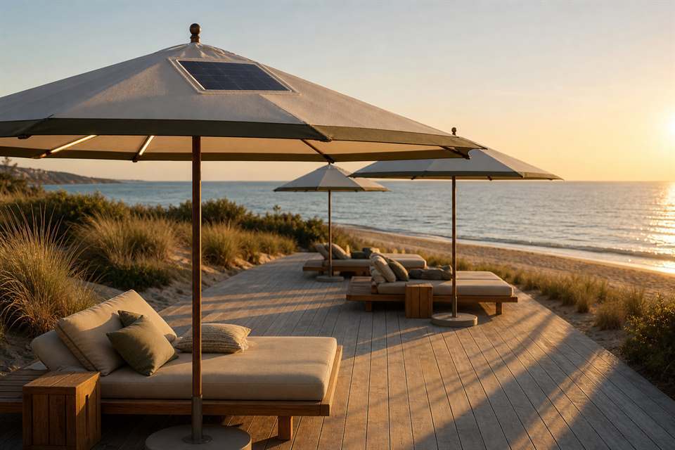 Solar panel in the canopy and lit LED ribs on a beach club deck at golden hour