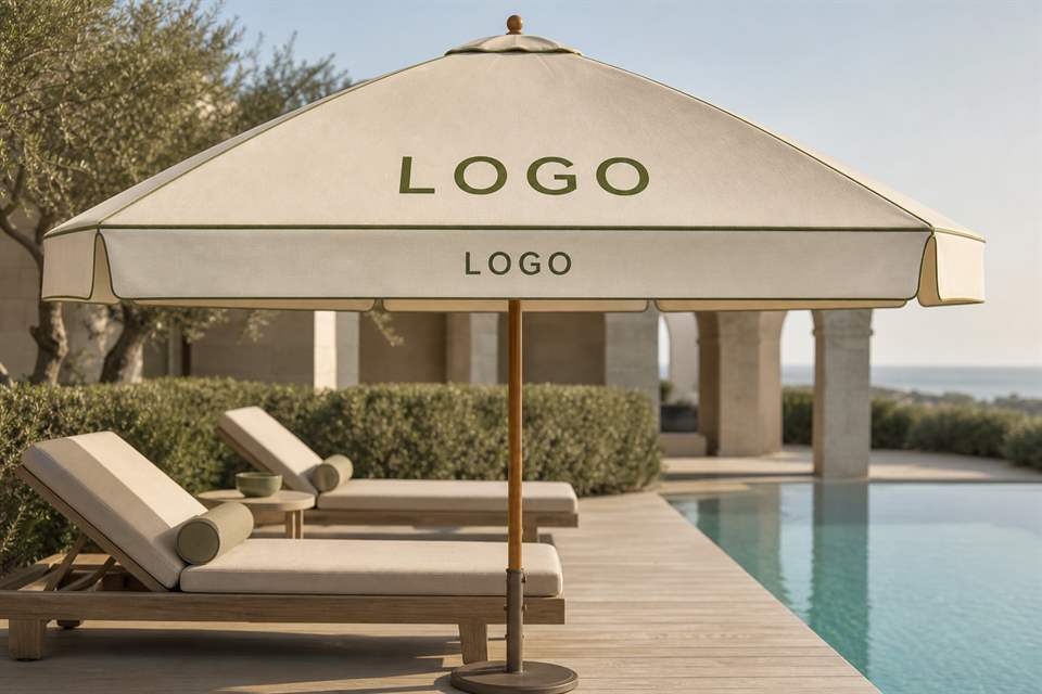 The word LOGO printed on the canopy panel facing the seating side and again along the hanging valance