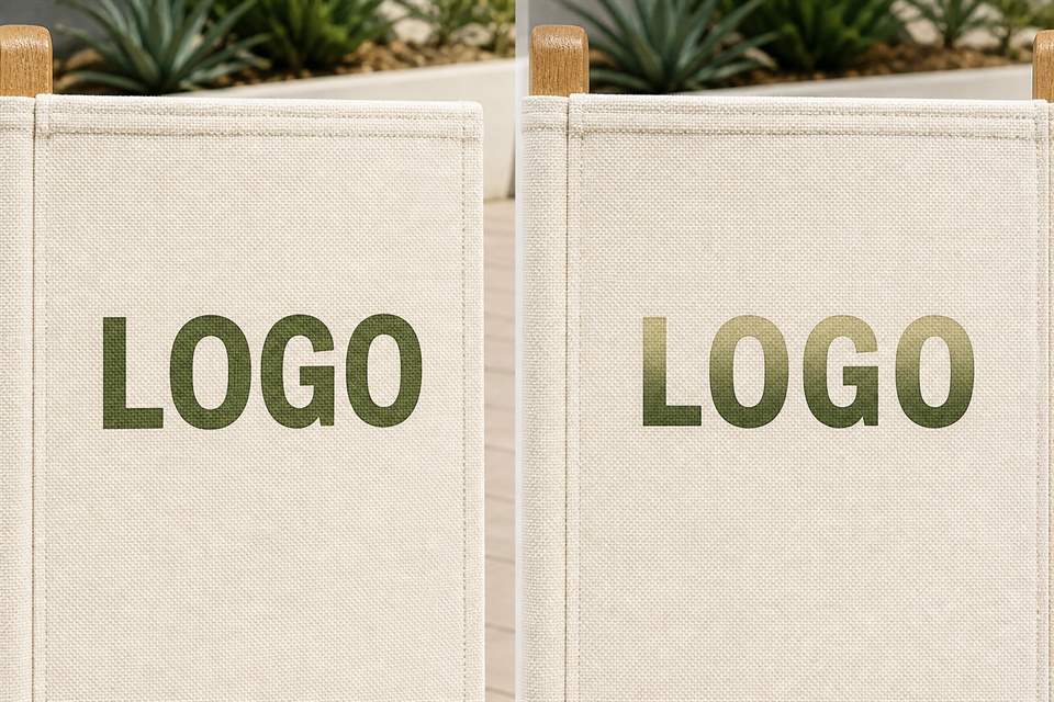 Two canopy panels side by side comparing a flat solid screen print with a finely blended digital print