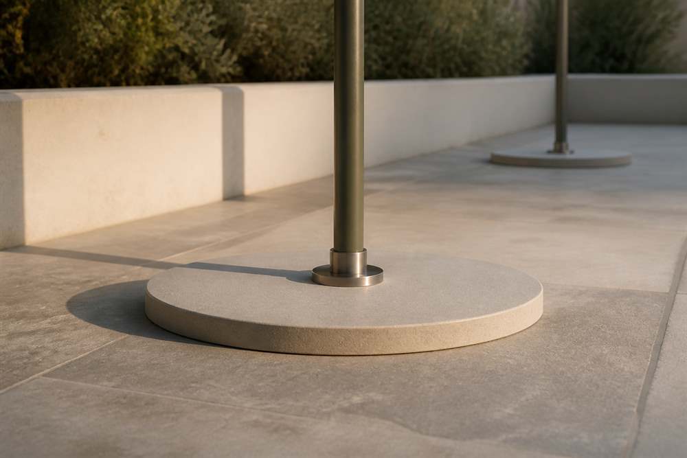 Commercial umbrella base weight on stone paving