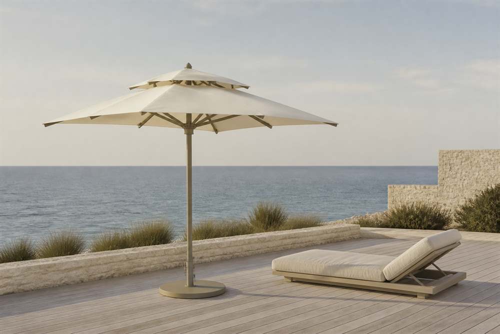 Heavy duty commercial beach umbrella on a coastal deck