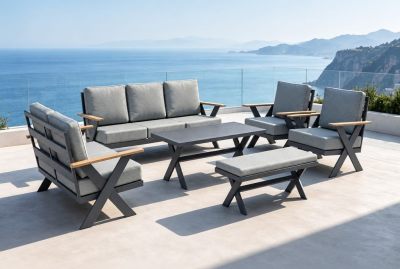 FHSF113 X-Frame High-Back Aluminum Outdoor Sofa Set, 5-Piece Modular Patio Sofa Set for Terrace, Hotel and Poolside