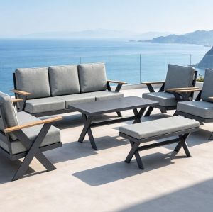 FHSF113 X-Frame High-Back Aluminum Outdoor Sofa Set, 5-Piece Modular Patio Sofa Set for Terrace, Hotel and Poolside