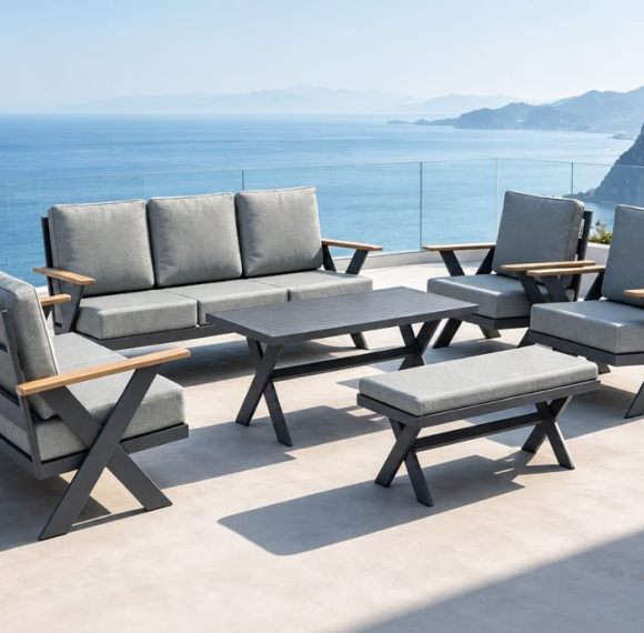 FHSF113 X-Frame High-Back Aluminum Outdoor Sofa Set, 5-Piece Modular Patio Sofa Set for Terrace, Hotel and Poolside