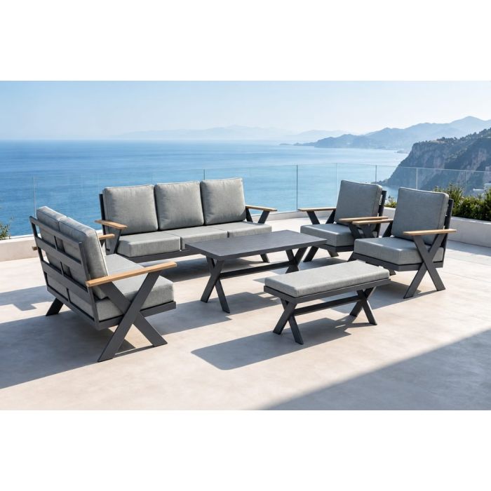 FHSF113 X-Frame High-Back Aluminum Outdoor Sofa Set, 5-Piece Modular Patio Sofa Set for Terrace, Hotel and Poolside