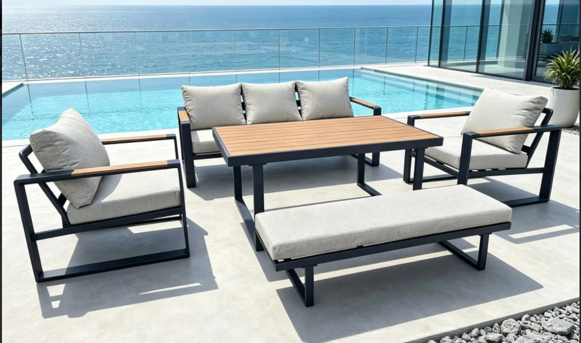 FHSF207-D1 box-frame aluminum outdoor sofa set beside a pool at a sea view villa