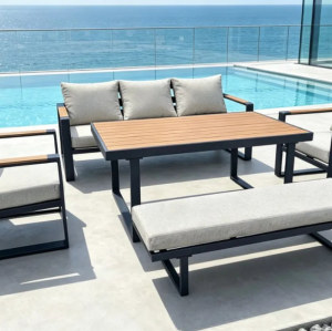 FHSF207-D1 Box-Frame Aluminum Outdoor Sofa Set, 5-Piece Modular Patio Set with Teak Armrests and Bench
