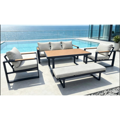 FHSF207-D1 Box-Frame Aluminum Outdoor Sofa Set, 5-Piece Modular Patio Set with Teak Armrests and Bench