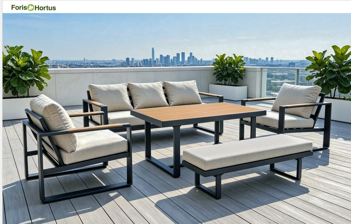 FHSF207-D1 outdoor sofa set on a roof terrace with a city skyline