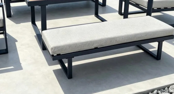Box-section aluminum frame, bench cushion and light wood slat table top on the FHSF207-D1 set