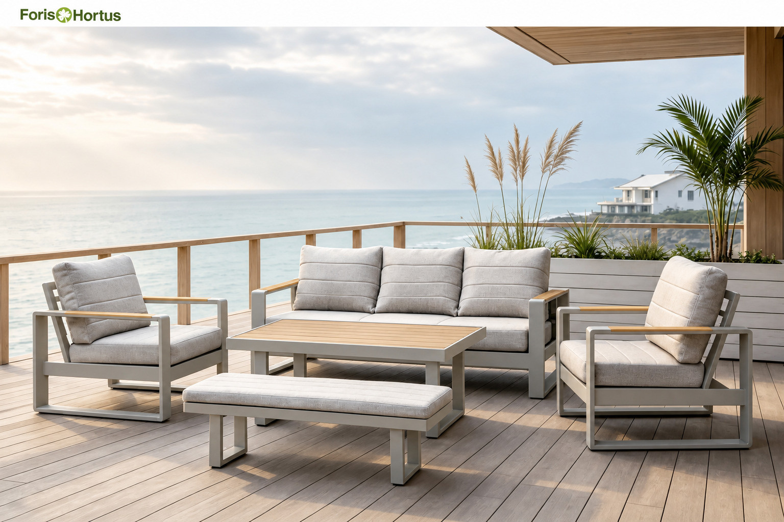 FHSF207 khaki aluminum outdoor sofa set with teak armrests on a coastal terrace