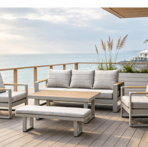 FHSF207 Aluminum Outdoor Sofa Set, 5-Piece Patio Set with Teak Armrests and Bench for Terrace, Hotel and Poolside