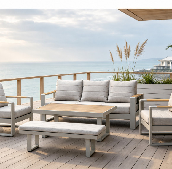 FHSF207 Aluminum Outdoor Sofa Set, 5-Piece Patio Set with Teak Armrests and Bench for Terrace, Hotel and Poolside