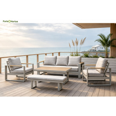 FHSF207 Aluminum Outdoor Sofa Set, 5-Piece Patio Set with Teak Armrests and Bench for Terrace, Hotel and Poolside