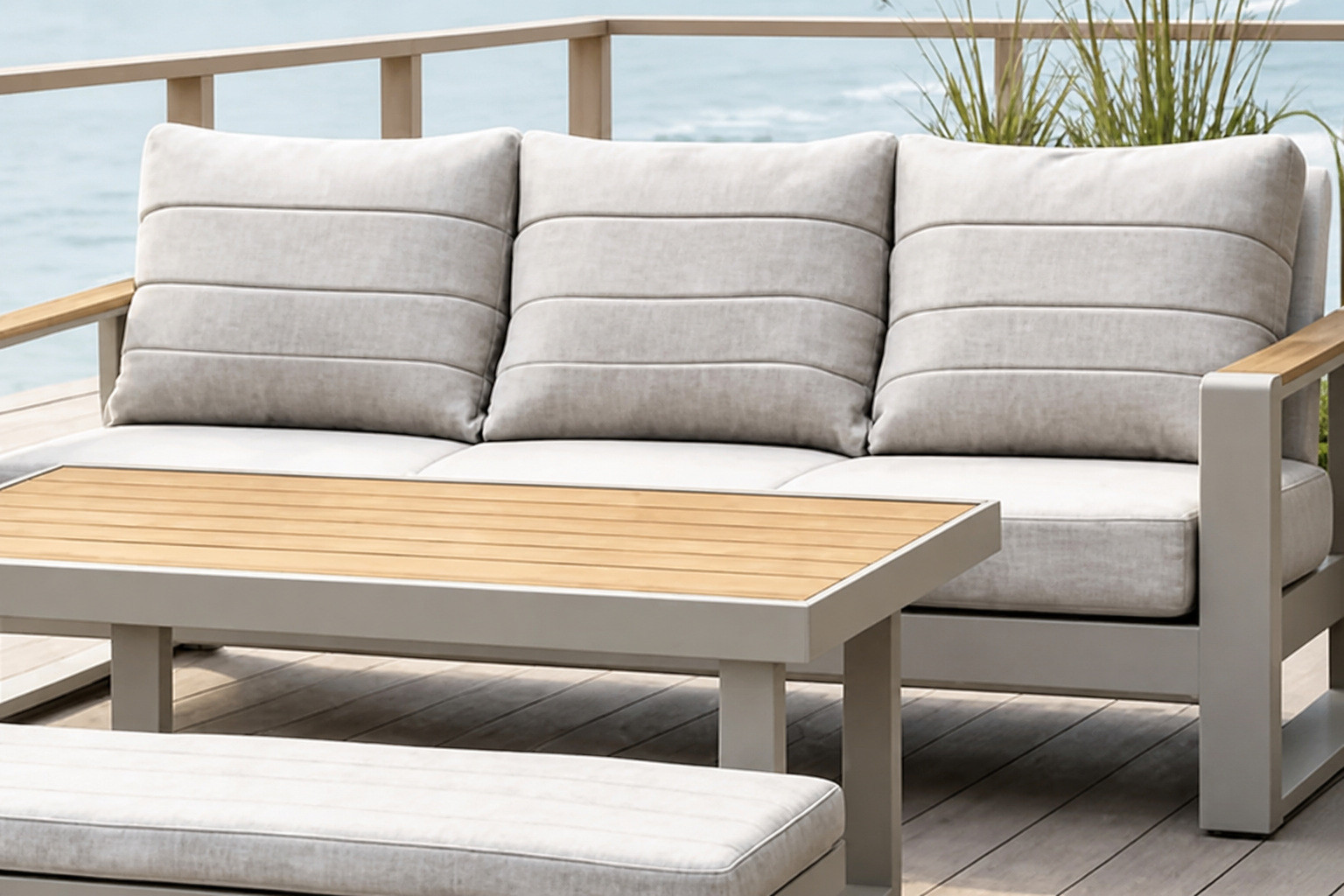 Channel-quilted khaki back cushions on the FHSF207 three-seater outdoor sofa