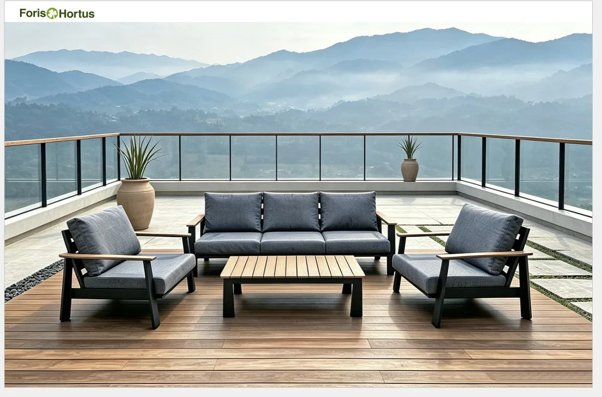 FHSF077-A12 dark grey aluminum outdoor sofa set on a terrace above a mountain valley