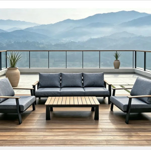 FHSF077-A12 Dark Grey Aluminum Outdoor Sofa Set, 4-Piece Patio Set with Rope-Back Seats and Slat Table for Terrace and Garden