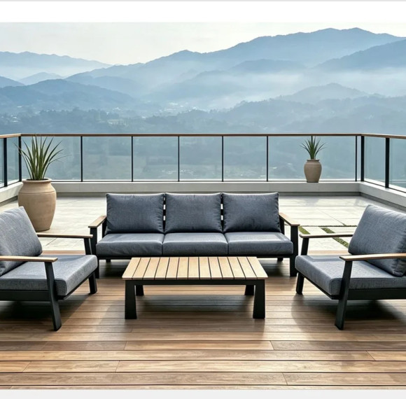 FHSF077-A12 Dark Grey Aluminum Outdoor Sofa Set, 4-Piece Patio Set with Rope-Back Seats and Slat Table for Terrace and Garden