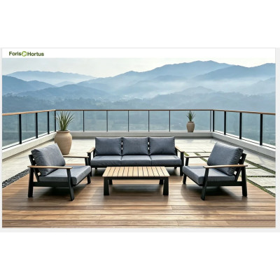 FHSF077-A12 Dark Grey Aluminum Outdoor Sofa Set, 4-Piece Patio Set with Rope-Back Seats and Slat Table for Terrace and Garden