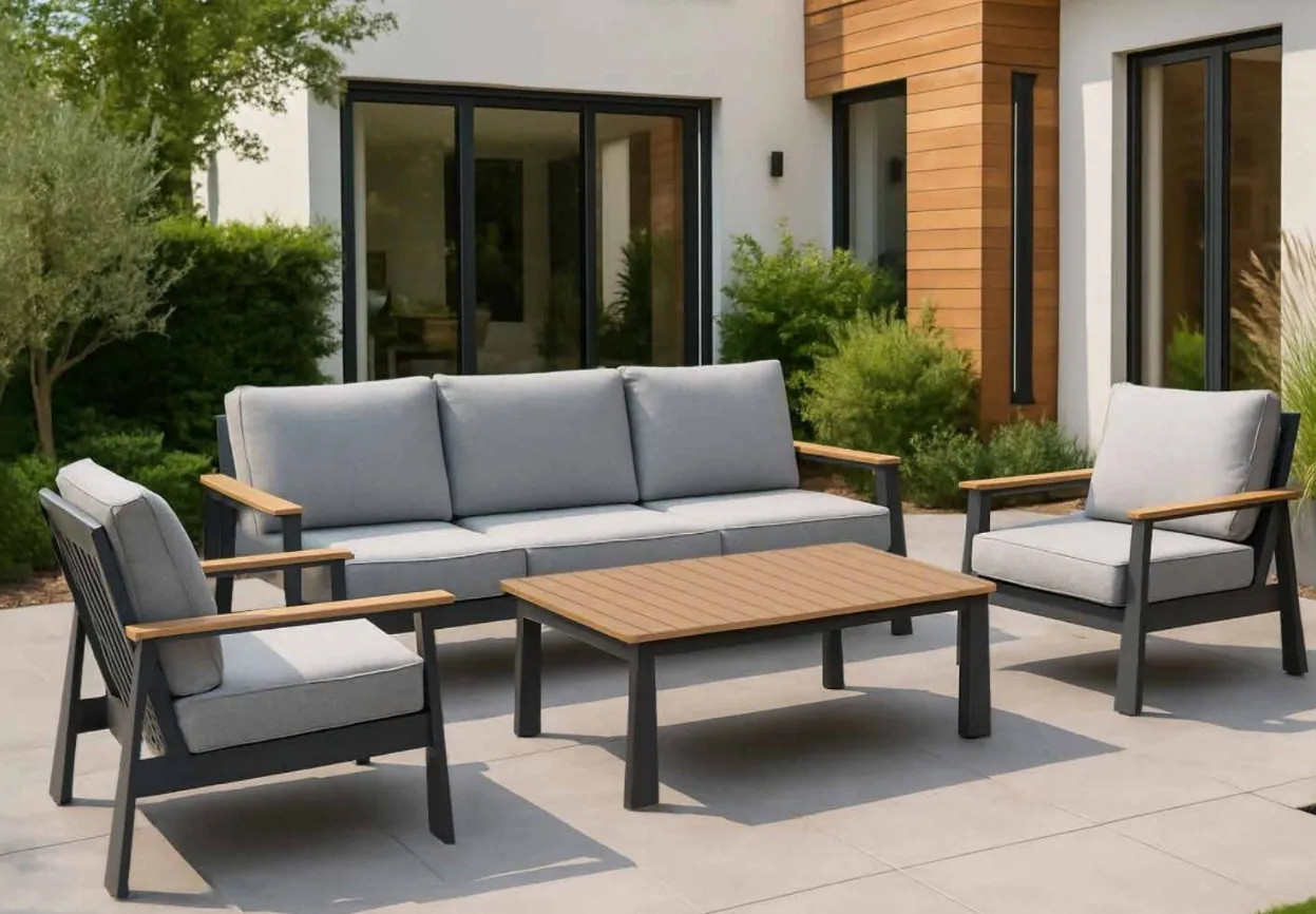 Dark grey powder-coated aluminum frame of the FHSF077-A12 set on a patio