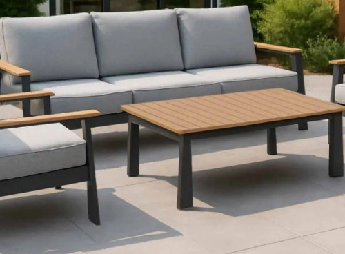 FHSF077-A12 Dark Grey Aluminum Outdoor Sofa Set, 4-Piece Patio Set with Rope-Back Seats and Slat Table for Terrace and Garden