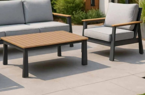 FHSF077-A12 Dark Grey Aluminum Outdoor Sofa Set, 4-Piece Patio Set with Rope-Back Seats and Slat Table for Terrace and Garden