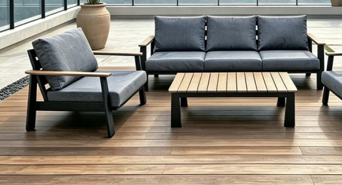 FHSF077-A12 Dark Grey Aluminum Outdoor Sofa Set, 4-Piece Patio Set with Rope-Back Seats and Slat Table for Terrace and Garden