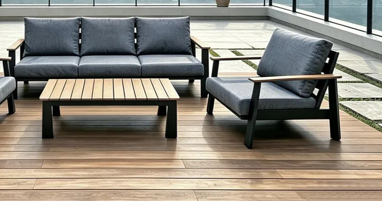 FHSF077-A12 seating group with the three-seater and coffee table on a terrace deck