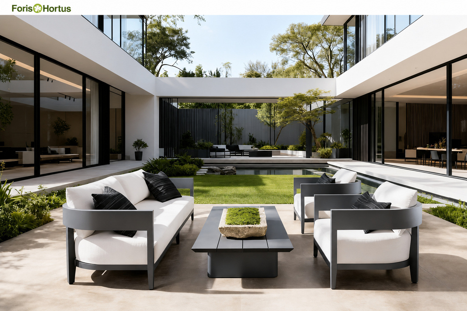 FHSF075-B1 dark grey aluminum outdoor lounge set in a courtyard with ivory cushions