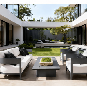 FHSF075-B1 Dark Grey Aluminum Outdoor Sofa Set, 4-Piece Patio Set with 20 cm Cushions and Low Table for Courtyard and Garden