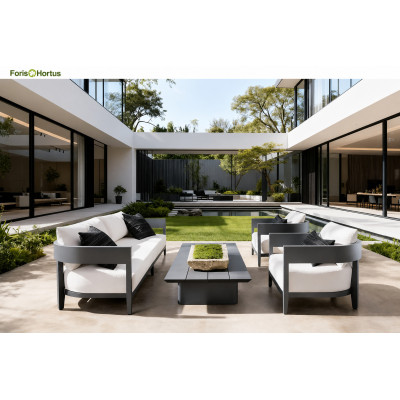 FHSF075-B1 Dark Grey Aluminum Outdoor Sofa Set, 4-Piece Patio Set with 20 cm Cushions and Low Table for Courtyard and Garden