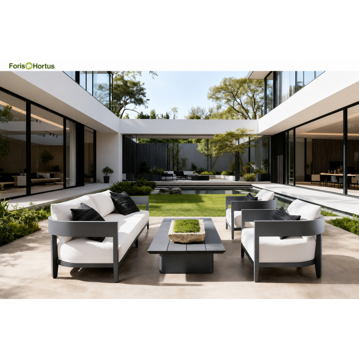 FHSF075-B1 Dark Grey Aluminum Outdoor Sofa Set, 4-Piece Patio Set with 20 cm Cushions and Low Table for Courtyard and Garden