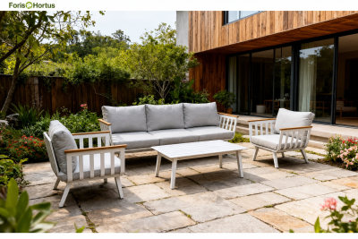 FHSF114 Aluminum Outdoor Sofa Set, 4-Piece Patio Set with Wood Armrests and Slatted Table for Garden and Courtyard