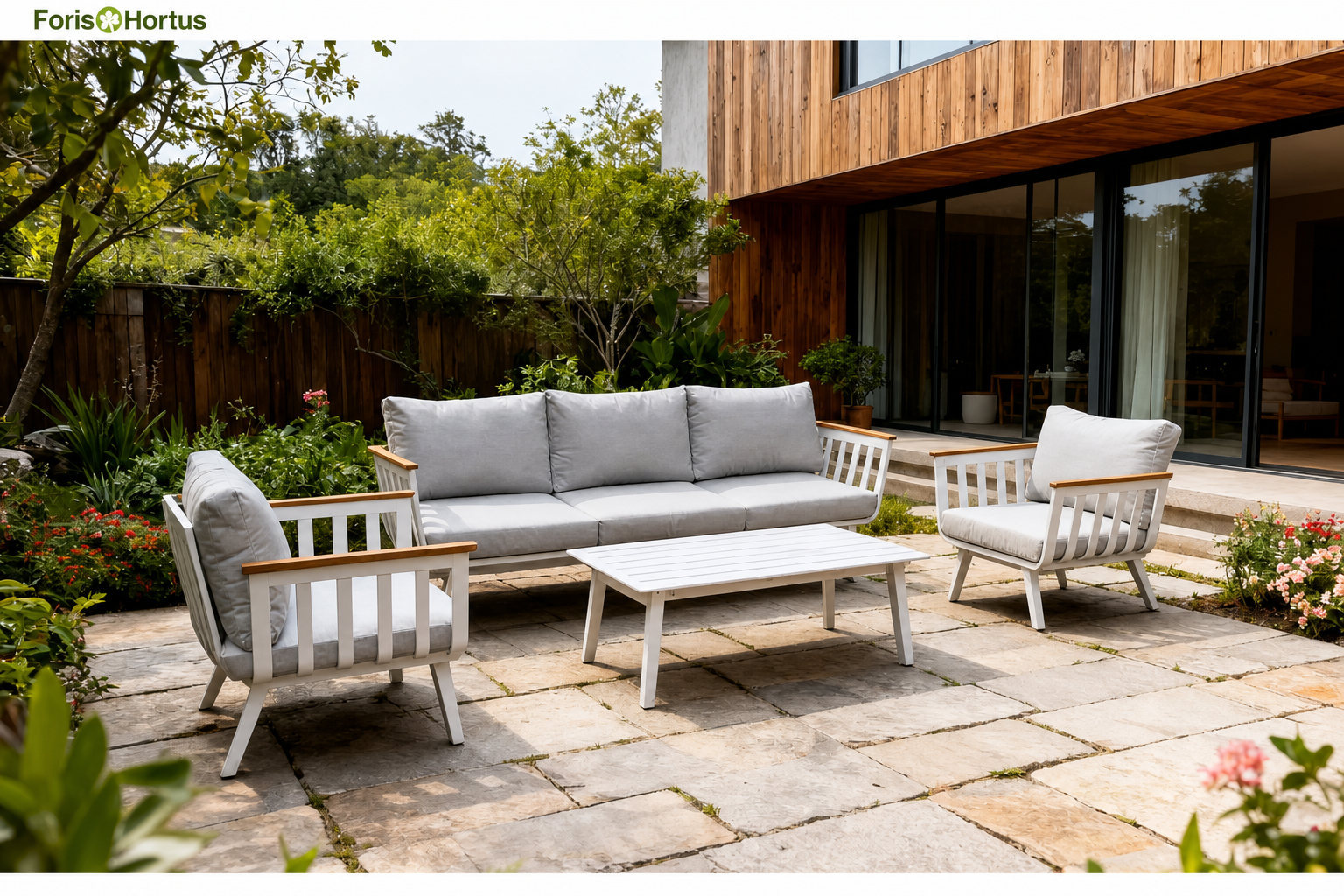 FHSF114 aluminum outdoor sofa set with wood armrests on a garden terrace